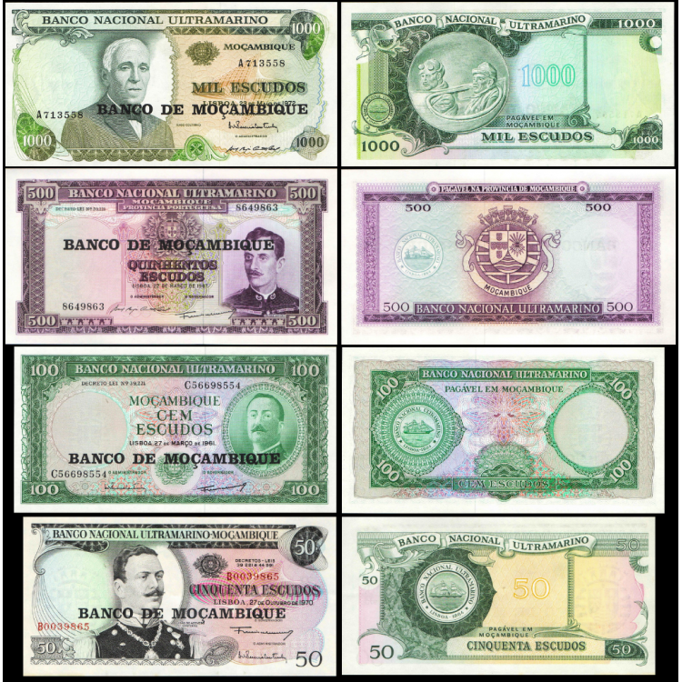 MOZAMBİK 50-100-500-1000 ESCUDOS 1976, 4 Lü Set Çil, Eski Yabancı Kağıt Para