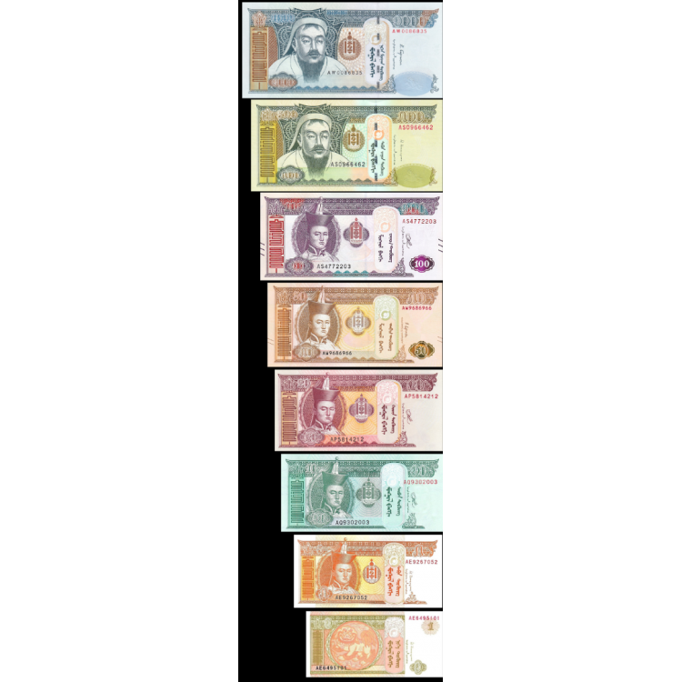 Moğolistan 1-5-10-20-50-100-500-1000 Tuğrik, 2014-2020, 8 Lİ Set, Çil, Eski Yabancı Kağıt Para