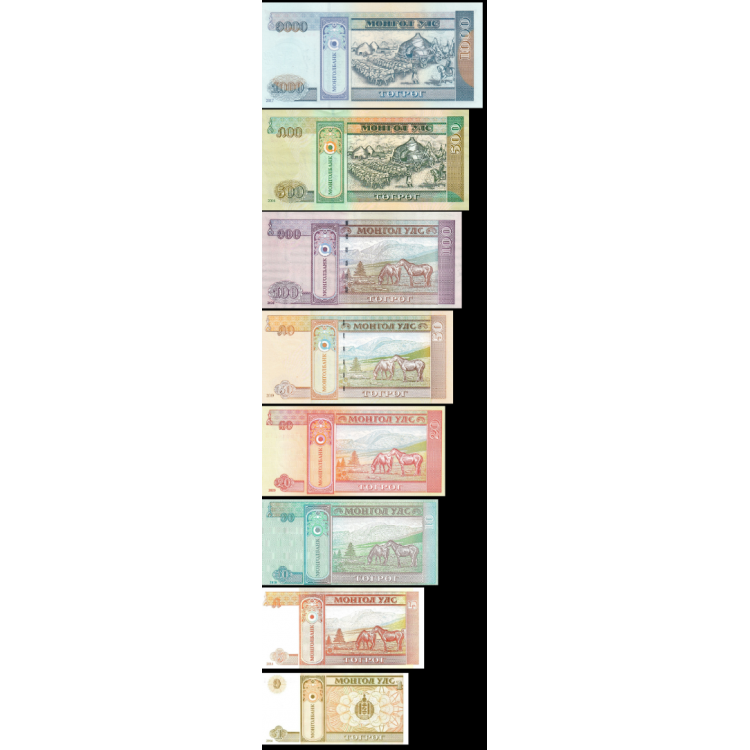 Moğolistan 1-5-10-20-50-100-500-1000 Tuğrik, 2014-2020, 8 Lİ Set, Çil, Eski Yabancı Kağıt Para