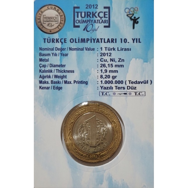 Türkçe Olimpiyatları 10. Yılı 1 Lira 2012 tedavül hatıra para ve kiti