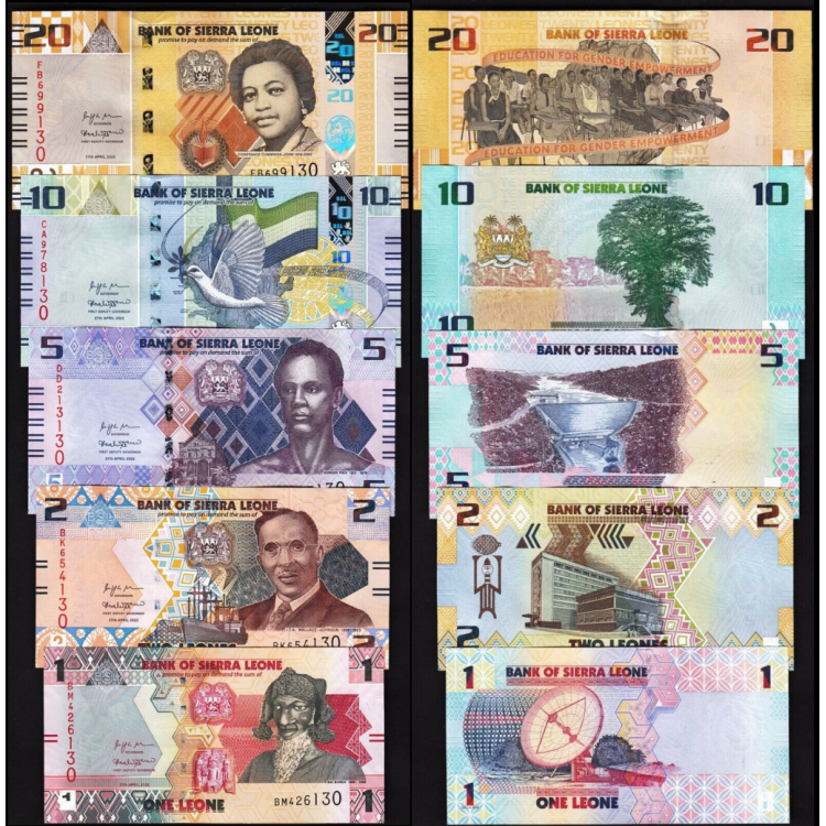 SİERRA LEONE 1-2-5-10-20 LEONES 2022, 5 Lİ TAM SET, ÇİL, ESKİ YABANCI KAĞIT PARA
