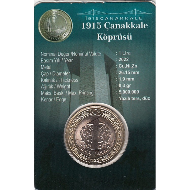 1915 Çanakkale Köprüsü 1 Lira 2022 hatıra para ve kiti